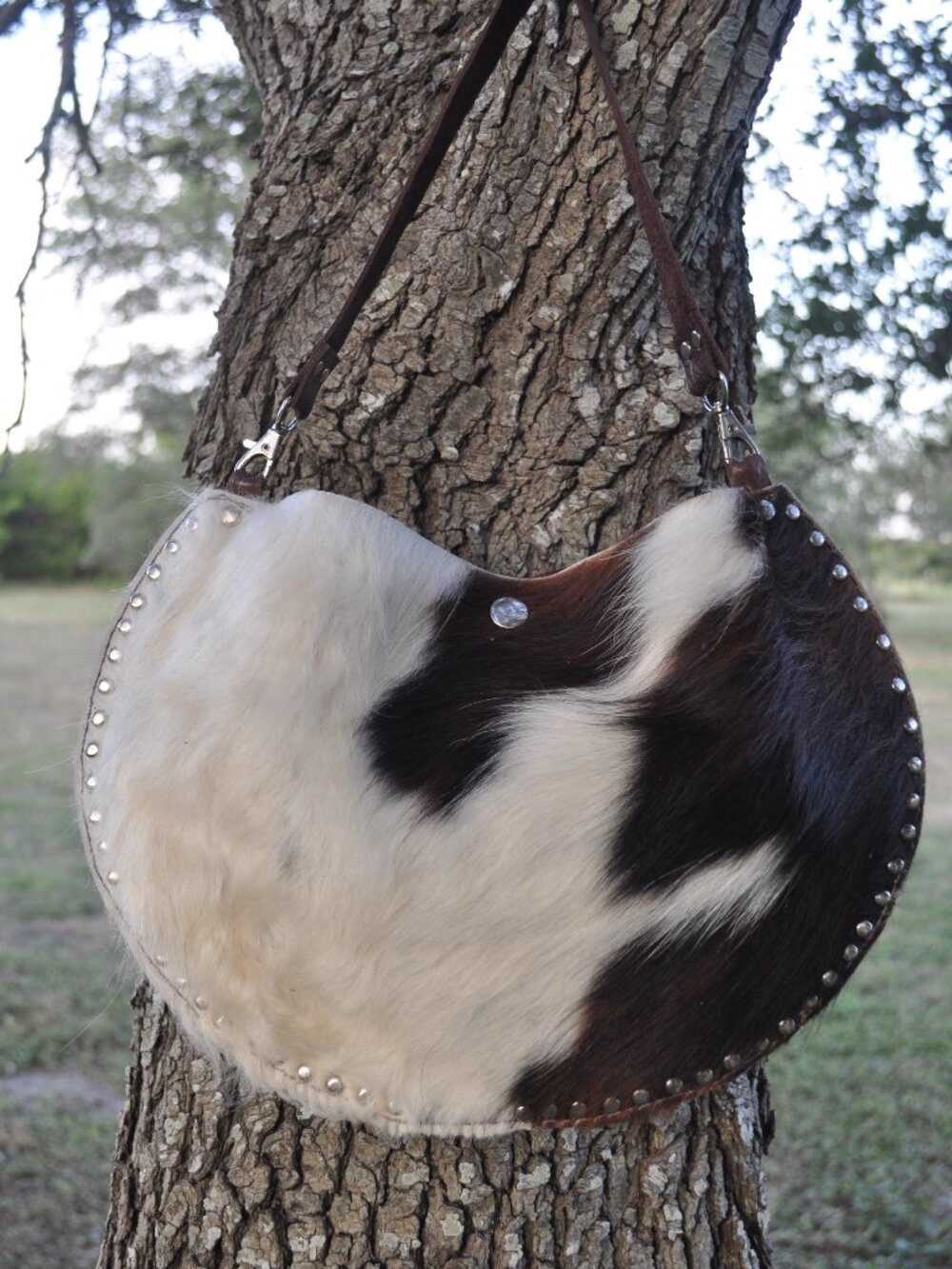 🤎🤍 Handmade Large Cowhide Crescent Purse | Genuine Leather | One-of-a-Kind Wes